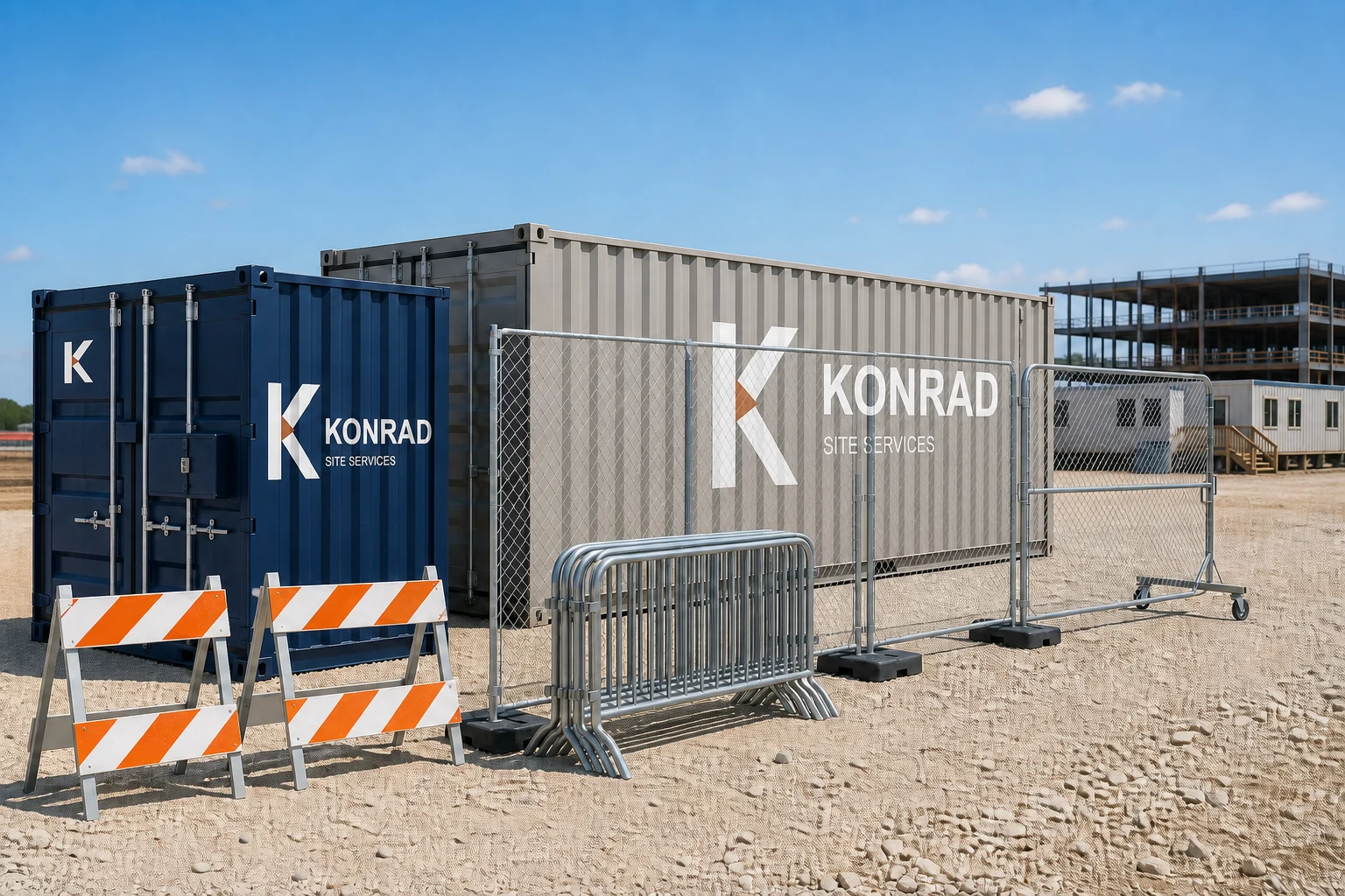 Konrad storage container concept beside a construction perimeter