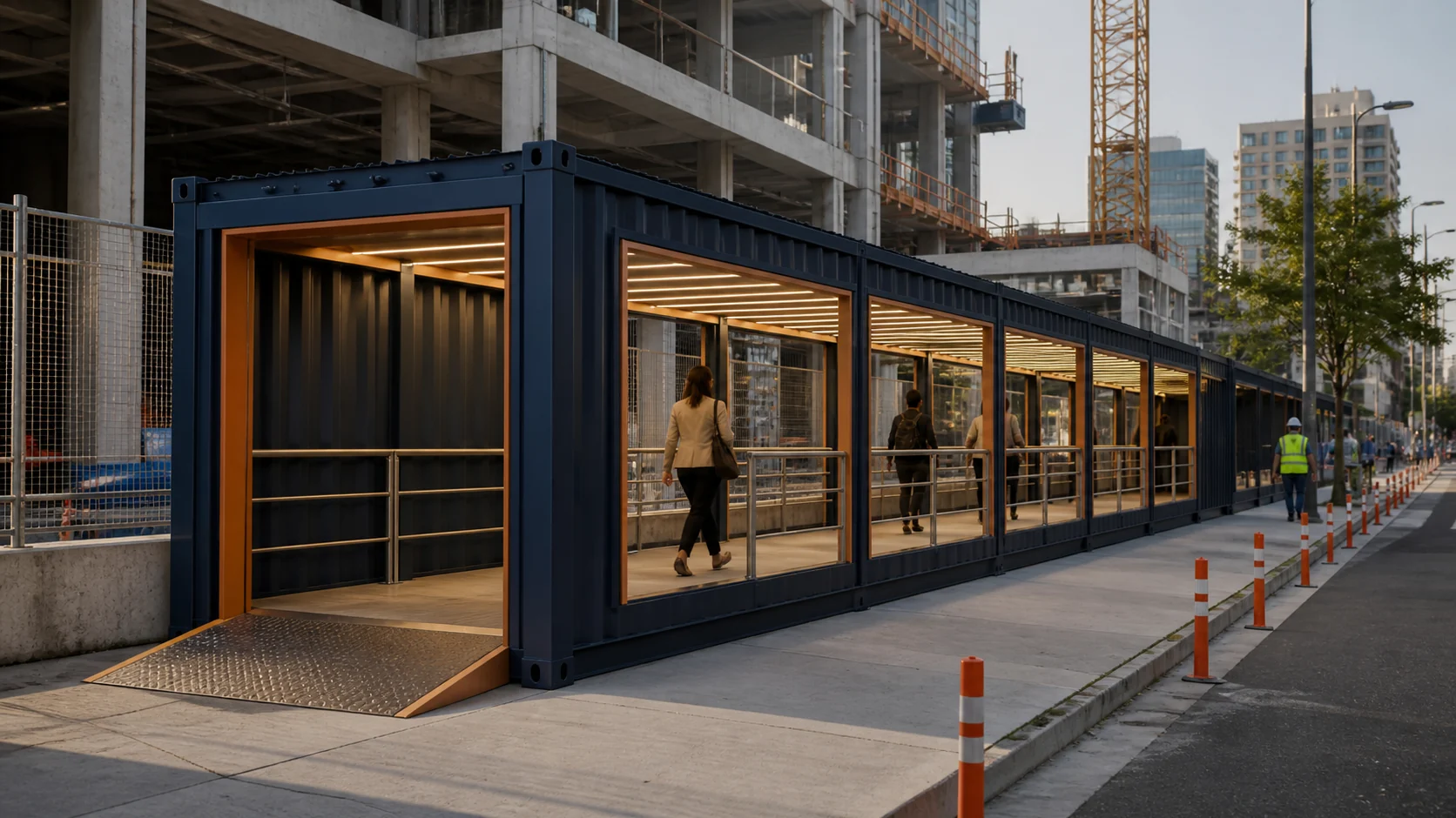 Exterior concept of a modified container pedestrian corridor