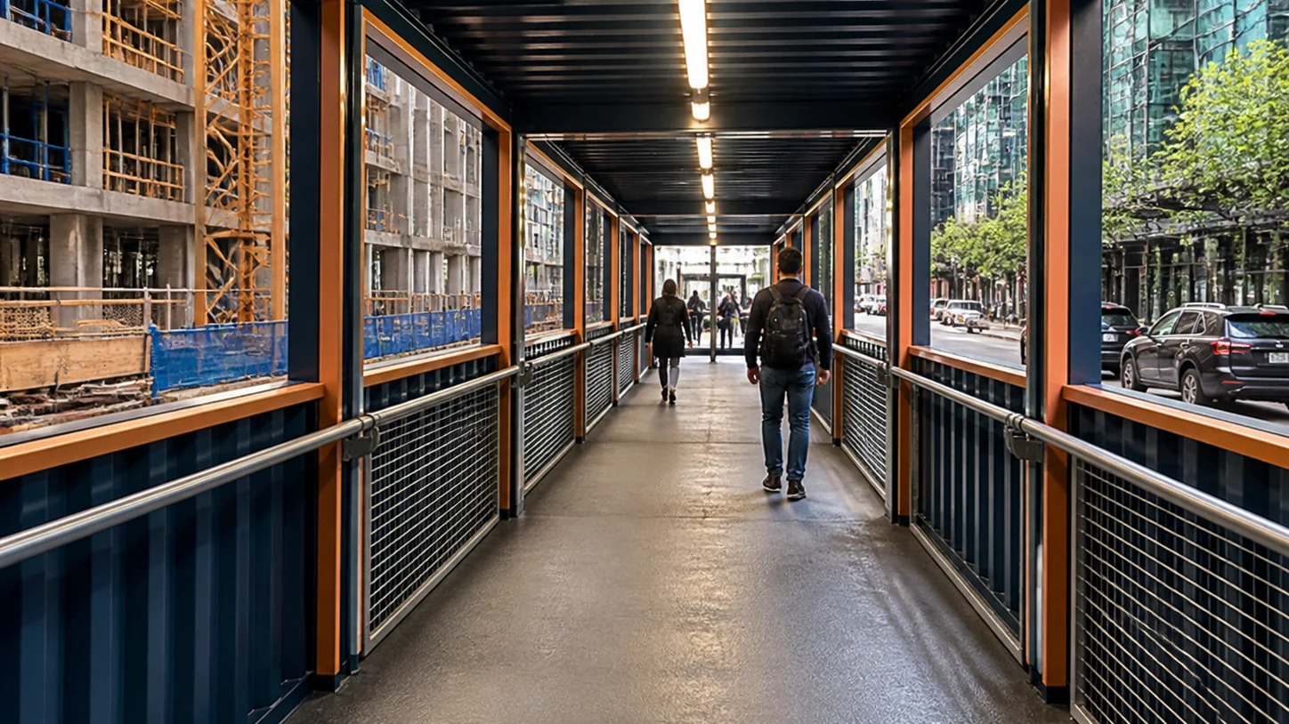 Interior concept of a pedestrian route through a modified container