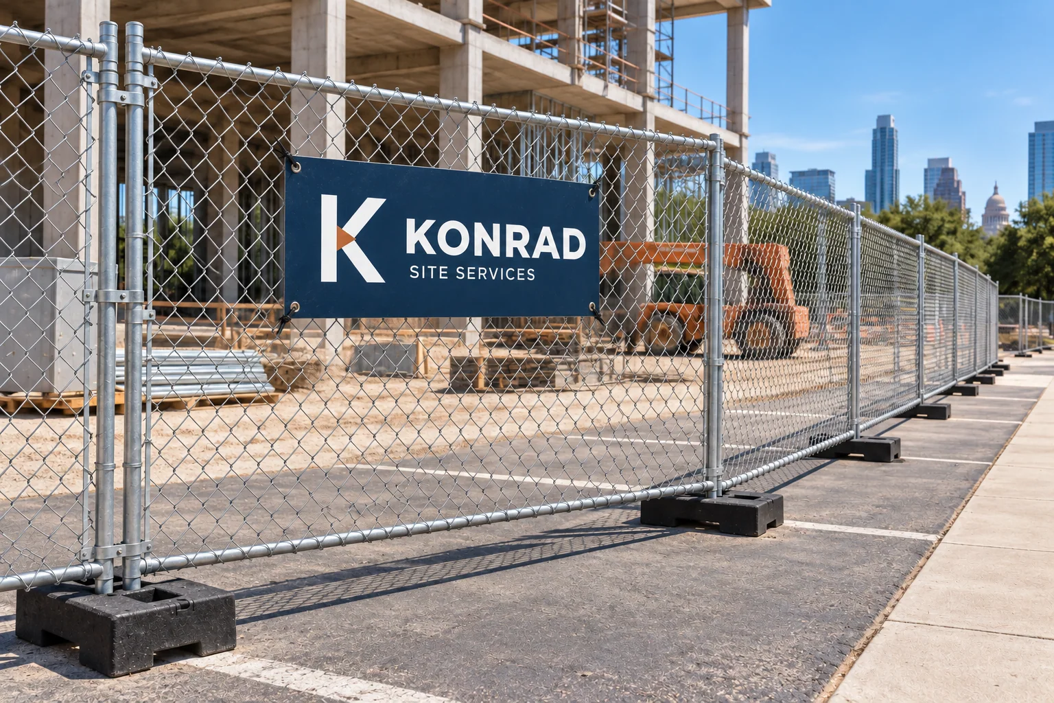 Product concept of galvanized freestanding chain-link fence panels with support bases and a Konrad sign