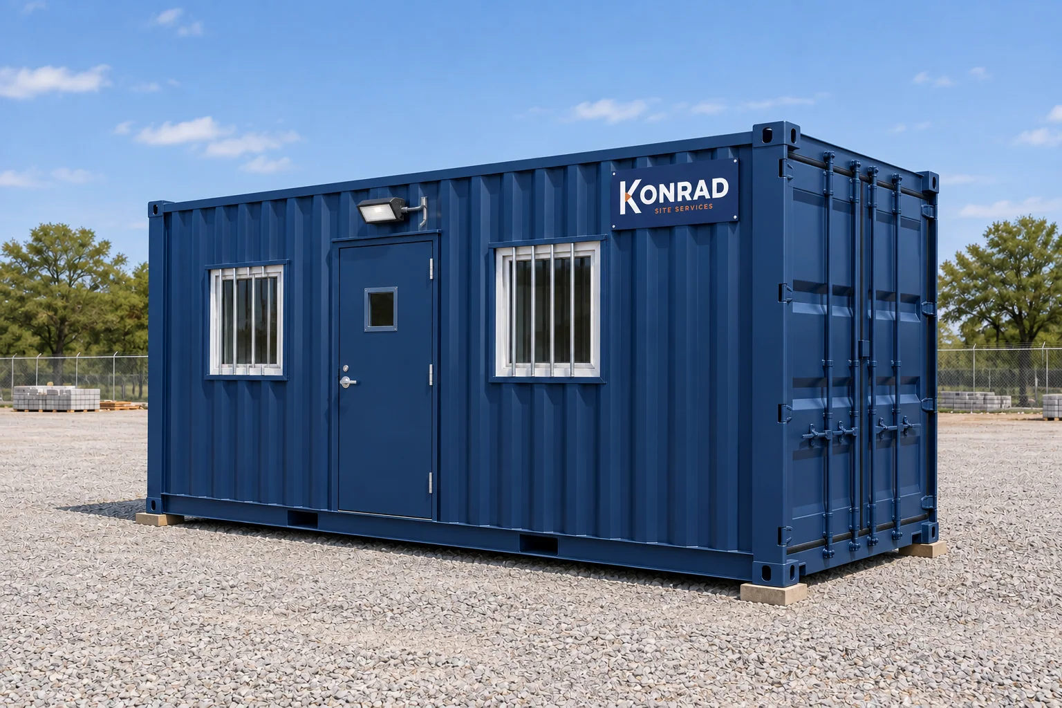 Concept rendering of a freshly painted navy Konrad 20-foot ground-level container office with modest windows and a personnel door