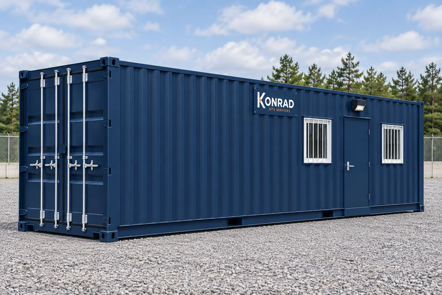 Concept rendering of a navy Konrad 40-foot ground-level office with practical windows and personnel access