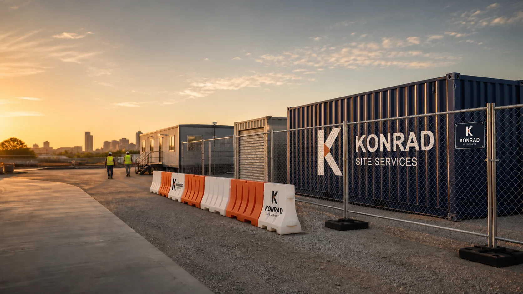 Concept of Konrad-branded storage containers, temporary fencing and barricades on a Texas construction site