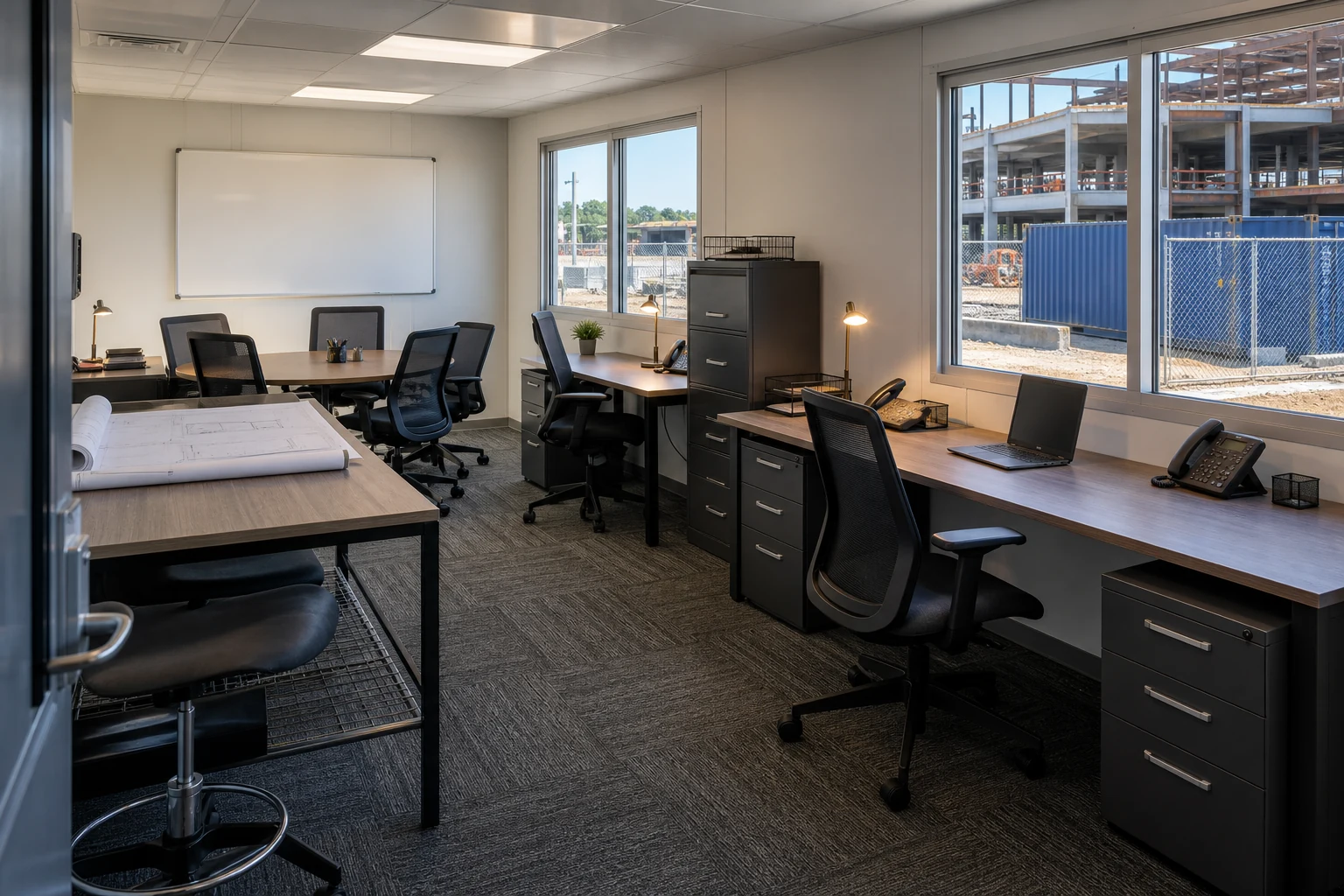 Concept rendering of a modular jobsite office furnished with desks, task chairs, files and a meeting area