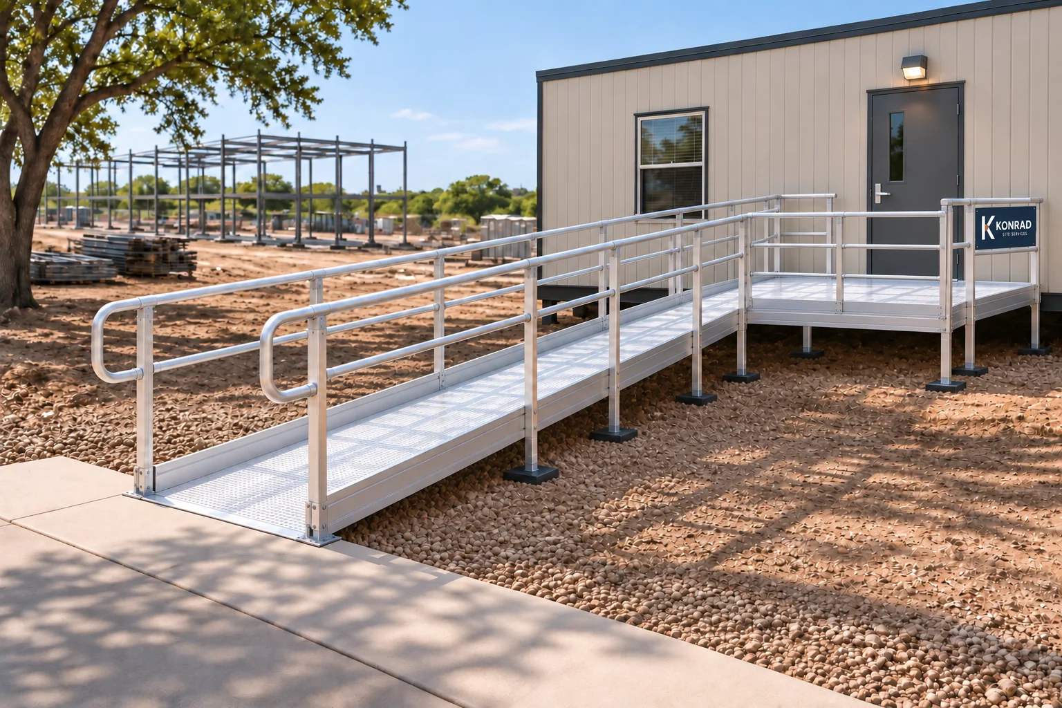 Product concept of a straight aluminum ramp with an open approach, entrance landing, handrails and Konrad sign beside a modular office