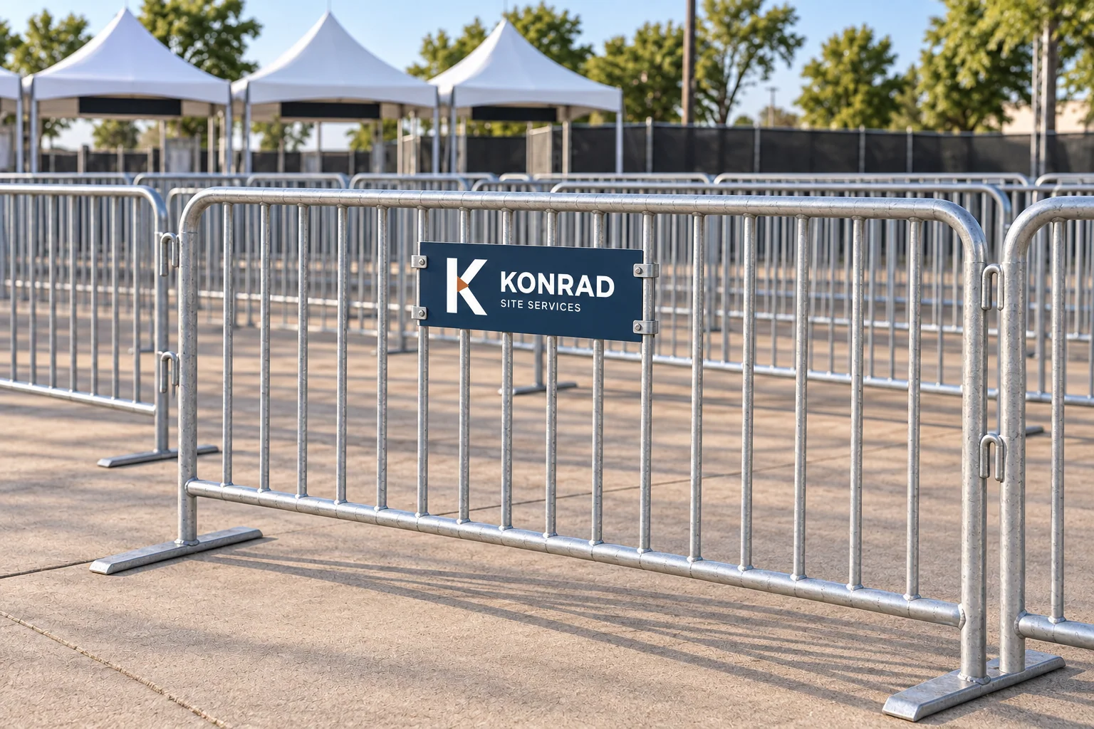 Concept of interlocking galvanized pedestrian barricades with a Konrad identification plate