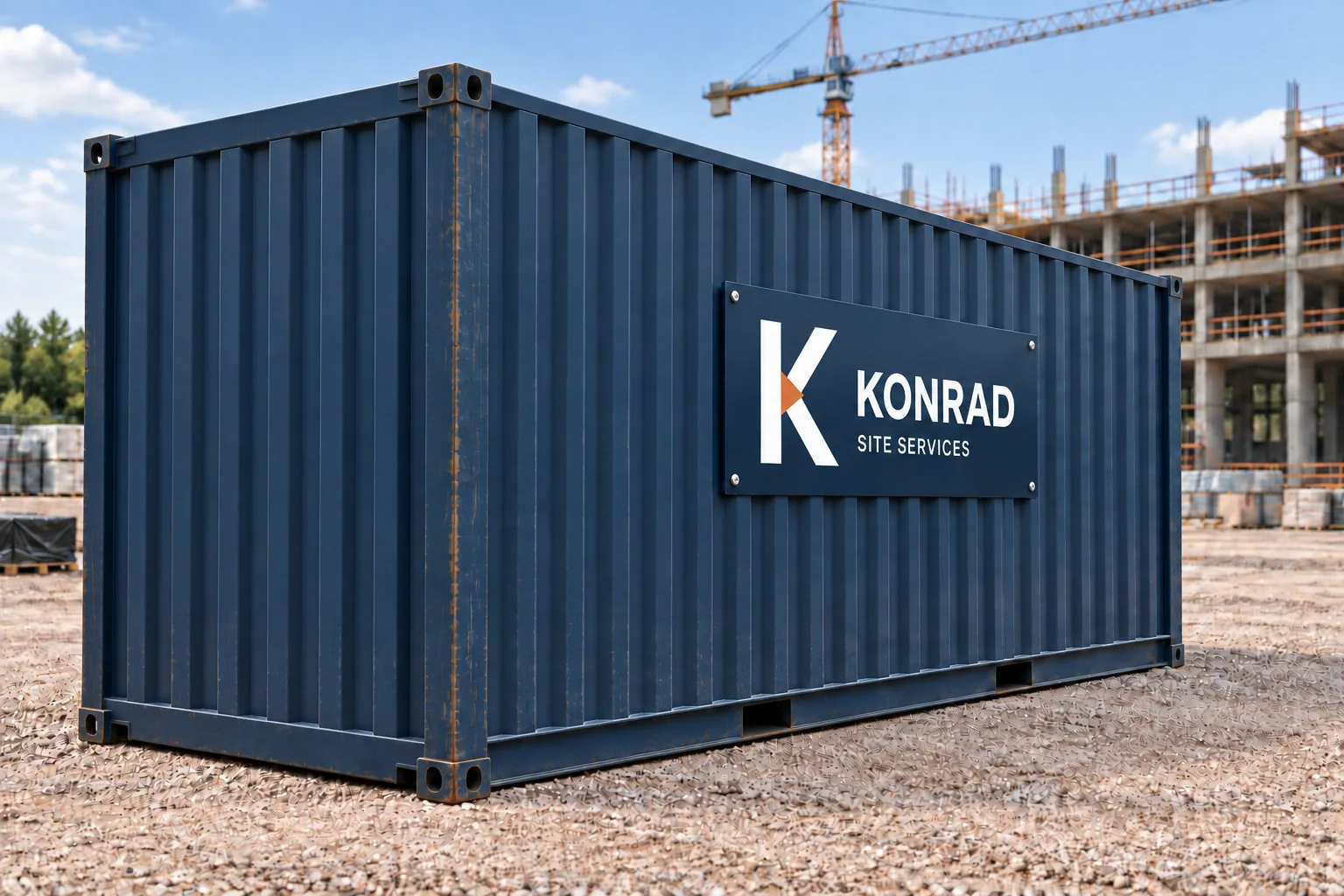 Product concept of a navy Konrad storage container showing its corrugated side and fixed end on a construction site